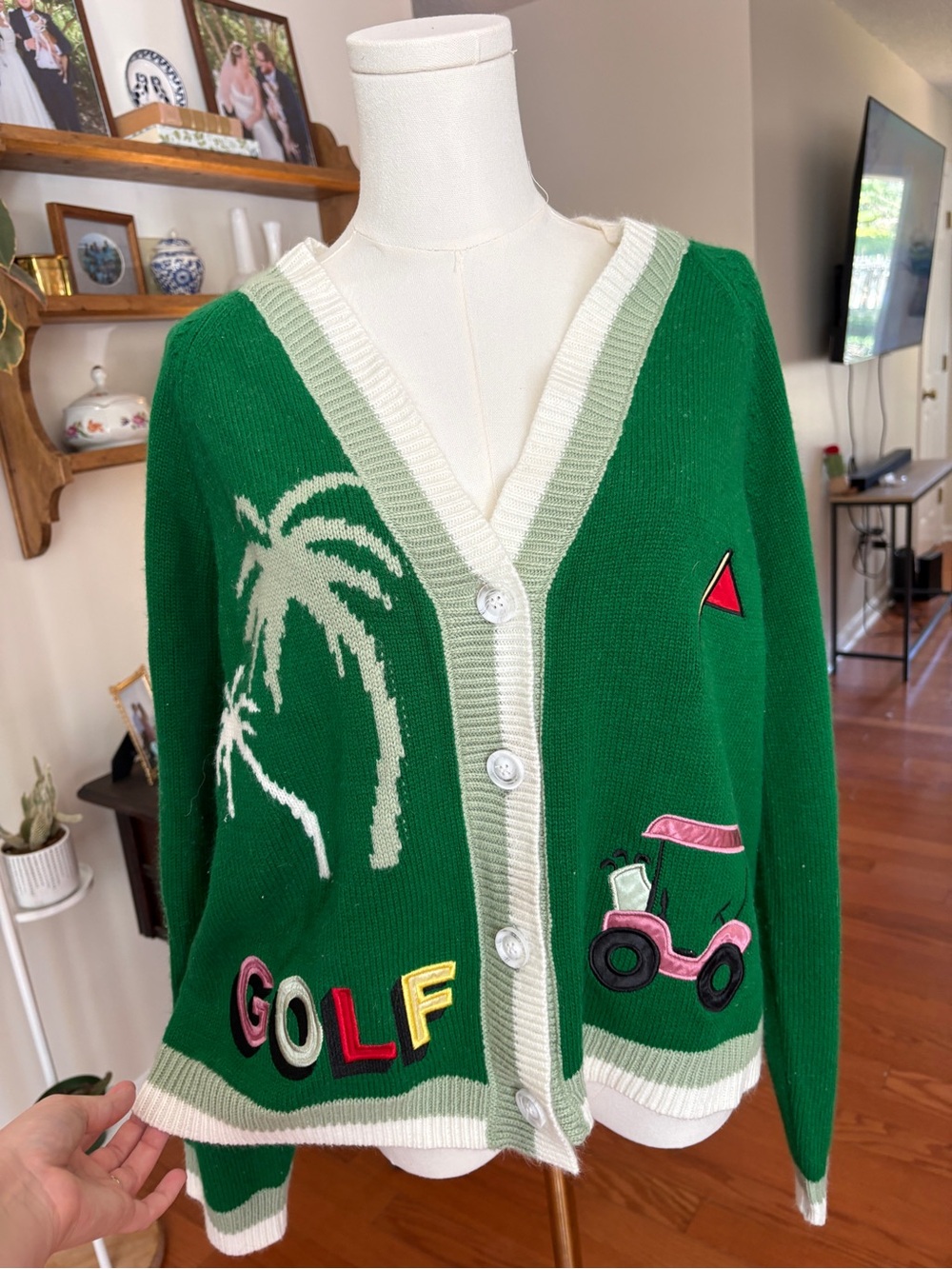 LF Green Golf Motif V-Neck Cardigan with Cream Trim